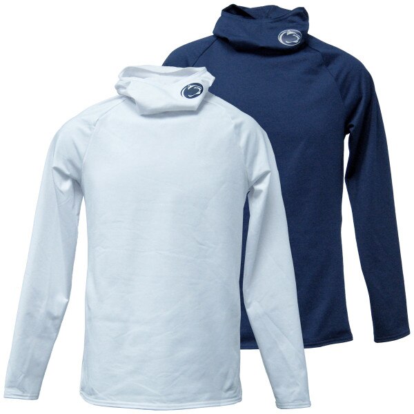 white and navy long sleeve hooded cold weather shirts with Penn State Athletic Logo on hoods